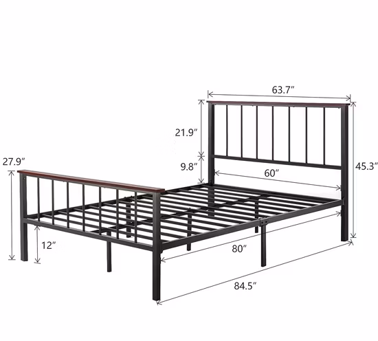 com cabeceira e estribo de madeira, estrutura de cama de metal queen size